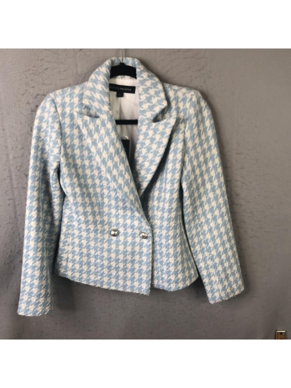 Old Money Blazer Womens 0 Blue Houndstooth Tweed Silver Button Jacket Preppy NEW